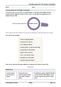 Acrostic poems for The King's Coronation KS1 worksheet