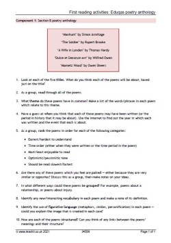 First reading activities: Eduqas poetry anthology 
