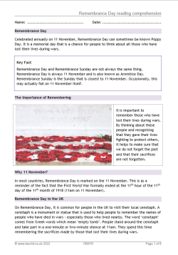 Remembrance Day reading comprehension
