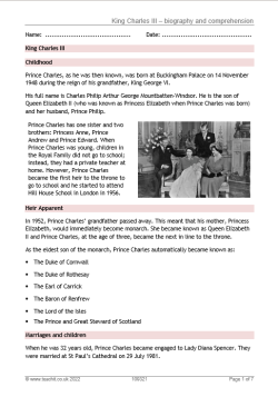 King Charles III comprehension worksheet image