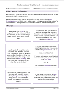 Charles III coronation non-chronological report KS2 worksheet