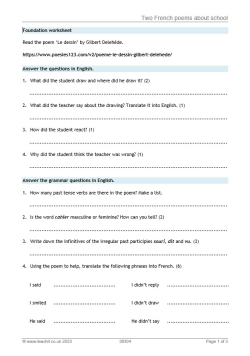 French poems about school | KS4 worksheet with answers | Teachit