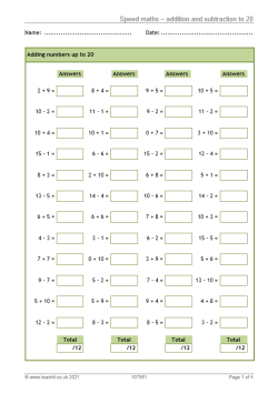 Image of speed maths – addition and subtraction to 20 resource