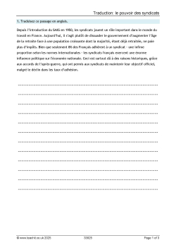 A-Level French Translation Worksheet: Trade Unions 