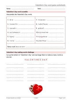 Valentine's Day word game worksheets