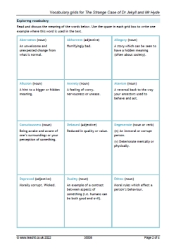 Vocabulary grids for The Strange Case of Dr Jekyll and Mr Hyde