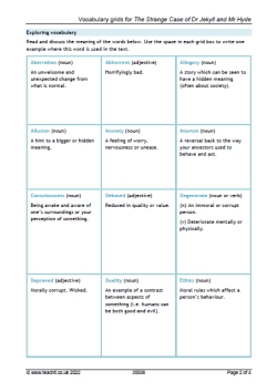 Vocabulary grids for The Strange Case of Dr Jekyll and Mr Hyde 