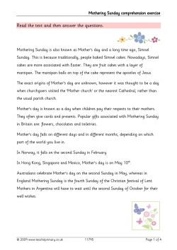 Mothering Sunday - comprehension exercise