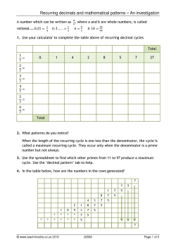 Recurring decimals and mathematical patterns – An investigation Recurring decimals and mathematical patterns – An investigation
