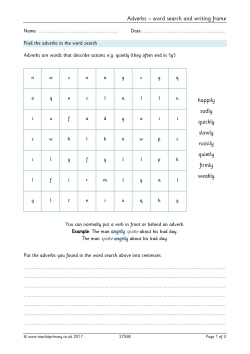 Adverbs - word search and writing frame