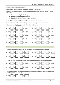 Calculator homework sheet: BIDMAS