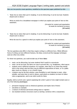 Downloadable worksheet for AQA GCSE English Language Paper 2: speech and article exam tasks