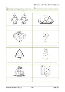 Label and colour the Christmas pictures