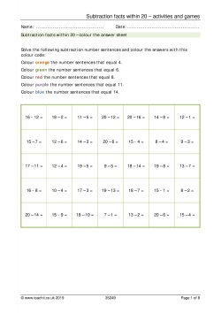 Subtraction facts within 20 – activities and games