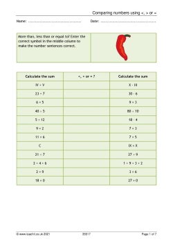 Comparing numbers using  ,  or =