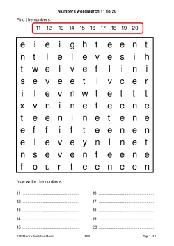 Numbers wordsearch 11 to 20